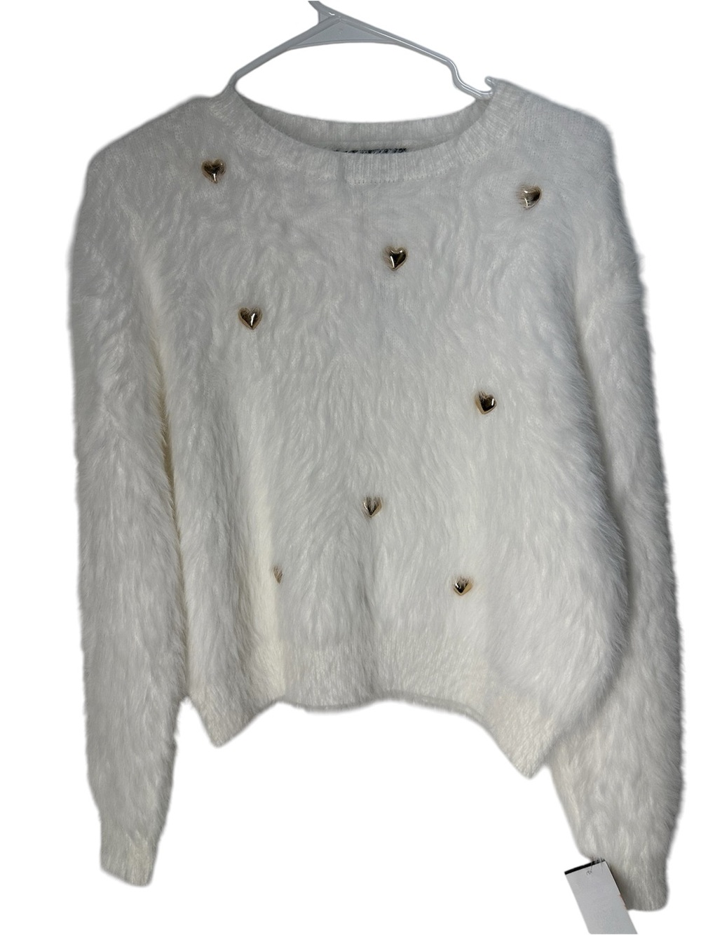 Fuzzy White Heart-Button Crewneck Sweater